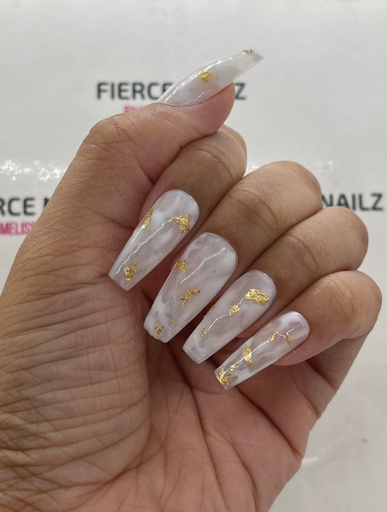 3D Gold Flower on Simple Clean White Bridal Nails