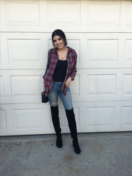 Flannel Shirt with Loose-fitting Velvet Pants or Ripped Jeans