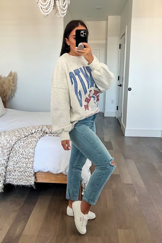cozy sweatshirt, comfy jeans, and sneakers