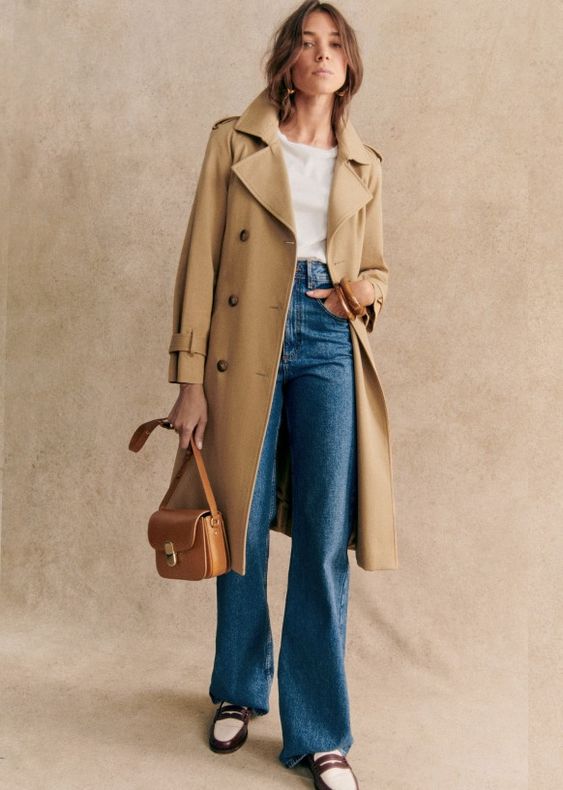 White T-Shirt with Trench Coat and Ballet Flats