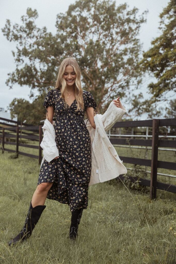 floral midi dresses paired with chunky boots
